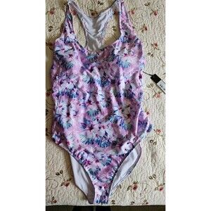 Nicole Miller Swimsuit Purple Cabana Hibiscus Print Racerback Size 3X NWT